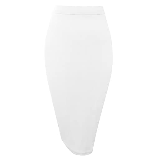 Topdress Women's High Waisted Elastic Pencil Skirt Knee Length Short with Slit — White