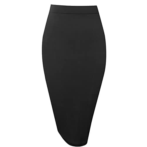 Topdress Women's High Waisted Elastic Pencil Skirt Knee Length Short with Slit — Black