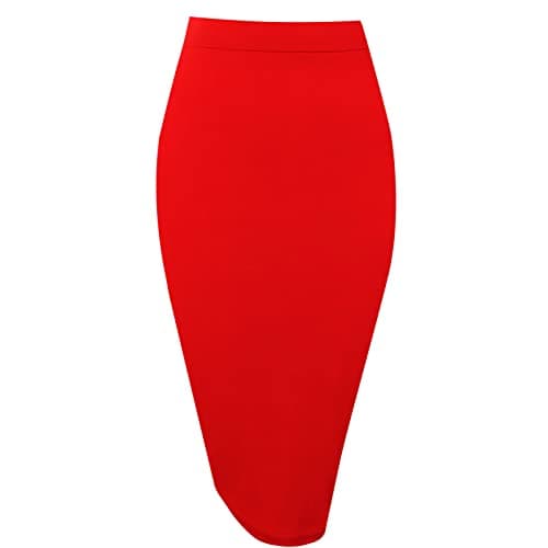 Topdress Women's High Waisted Elastic Pencil Skirt Knee Length Short with Slit — Red