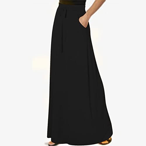 Womens High Elastic Maxi Drawstring Ankle Length Skirts Solid Pockets