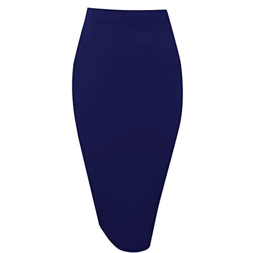 Topdress Women's High Waisted Elastic Pencil Skirt Knee Length Short with Slit — Navy