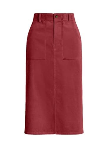 Happy Sailed Women's High Waist Split Corduroy Midi Skirt with Pockets — Red