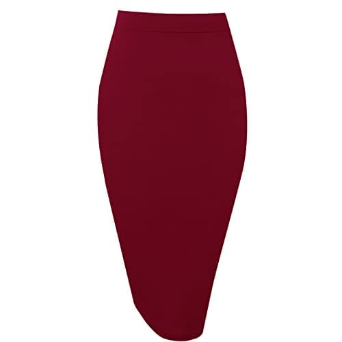 Topdress Women's High Waisted Elastic Pencil Skirt Knee Length Short with Slit — Wine Red