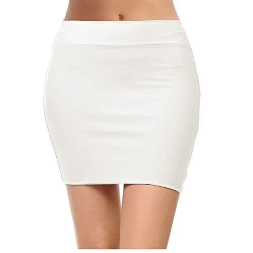 Topdress Women's High Waisted Elastic Pencil Skirts with Slit — White Mini