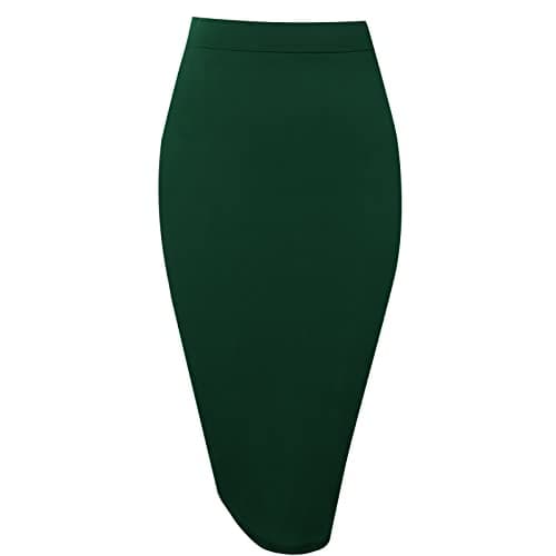Topdress Women's High Waisted Elastic Pencil Skirt Knee Length Short with Slit — Emerald Green