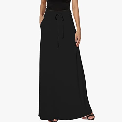 Womens High Elastic Maxi Drawstring Ankle Length Skirts Solid Pockets