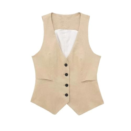 Korean Women's Sleeveless Linen Suit Vest Coat — Khaki