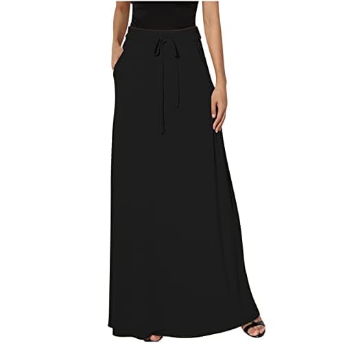 Womens High Elastic Maxi Drawstring Ankle Length Skirts Solid Pockets