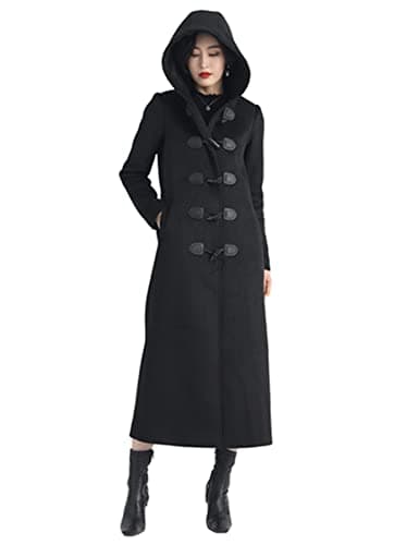 PENER Women's Classic Long Wool Trench Coat Winter Thick Double Breasted Jacket — Black Hooded Long- Style 10