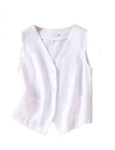 Linen vest for women, sleeveless blazer with button down cardigan — White