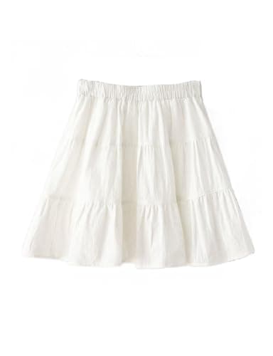 White Linen Mini Skirt 2024 Summer High Waisted A Line Tiered Pleated Cute Short Skirt for Women
