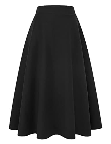 Mywinway Women's Warm Winter Aline High-Waisted Wool Plaid Skirts — Long Pure Black