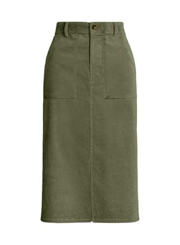 Happy Sailed Women's High Waist Split Corduroy Midi Skirt with Pockets — Green