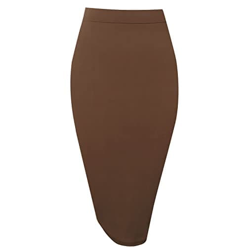 Topdress Women's High Waisted Elastic Pencil Skirt Knee Length Short with Slit — Mocha