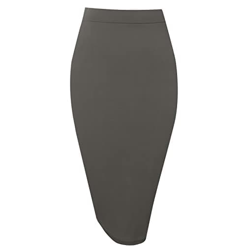 Topdress Women's High Waisted Elastic Pencil Skirt Knee Length Short with Slit — Charcoal Grey