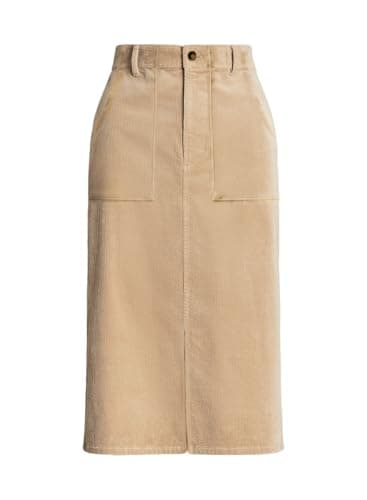 Happy Sailed Women's High Waist Split Corduroy Midi Skirt with Pockets — Khaki