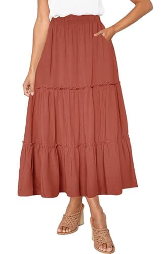 Afibi Women's High Waist A-Line Ruffle Swing Maxi Skirt with Pockets — Caramel