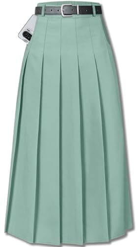 Sangtree Girls A-Line Pleated High Waist Fashion Skirt — Long # Sage Green Pocket