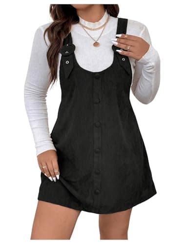 OYOANGLE Plus Size Corduroy Button Front Pinafore Dress