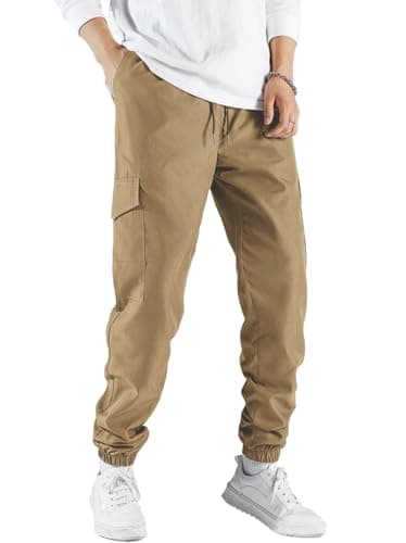 IDEALSANXUN Mens Casual Cotton Cargo Joggers with Drawstring Waist — Khaki