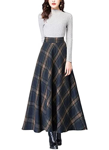 Ebossy Women's Vintage Wool Blend Plaid A-Line Maxi Skirt with Pocket