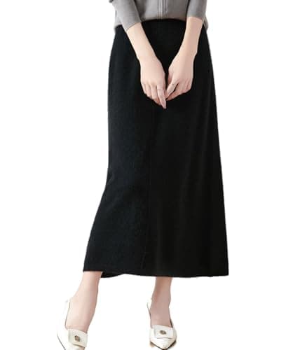 Ailaile Women's 100% Merino Wool Ribbed Knit Mid-Length Skirt for Fall & Winter — Black