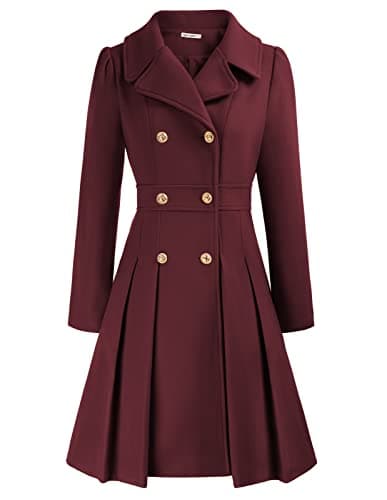 GRACE KARIN Women's Trench Coat Notch Lapel Double Breasted Pea Coat Jacket — Wine Red