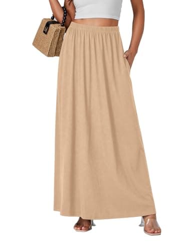 Vrtige Women's Casual High Waist Flowy Hem A-Line Maxi Skirt with Pockets — Solid Beige