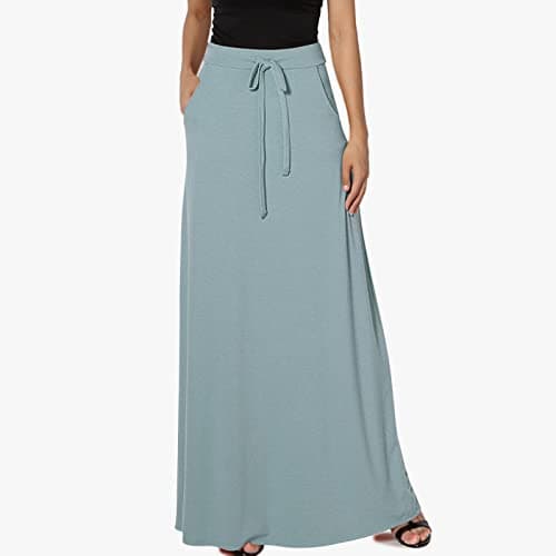 Womens High Elastic Maxi Drawstring Ankle Length Skirts Solid Pockets — Light Blue