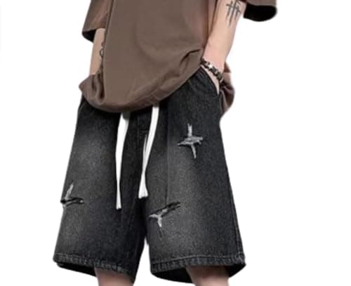 Star Print Baggy Denim Shorts — Black