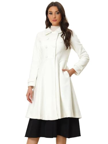 Allegra K Women's Winter Line Trench Coat Lapel Swing Double Breasted — White