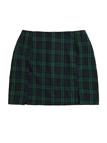 WDIRARA Women's High Waist Plaid Split Front Mini Bodycon Skirt — Blue