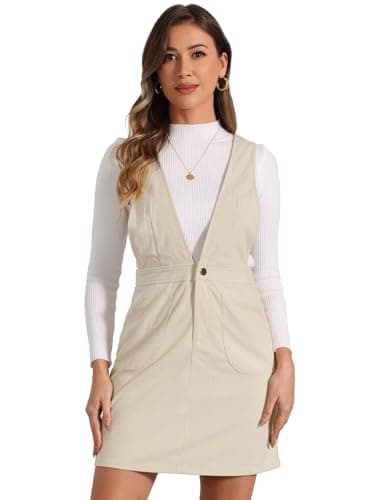 Allegra K Women's Corduroy V-Neck Mini Pinafore Dress — Beige