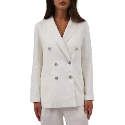 Amazhiyu Women's Pure Linen Double-Breasted Notched Long Sleeve Blazer with Pockets