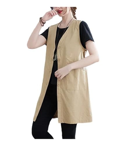 Women's Summer Solid Linen Waistcoat Basic Design Pocketsأست Listings — Khaki