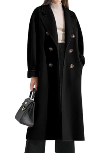 Chouyatou Women's Wool Double Breasted Midi Trench Coat with Belt — Black