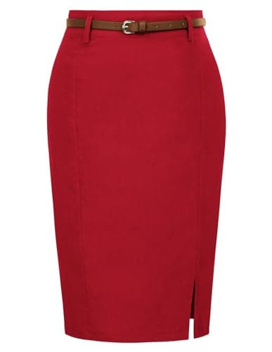 Kate Kasin Women's Bodycon Pencil Skirt with Belt — Red