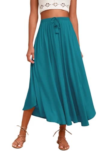 Zeagoo Women's High-Waisted Elastic Midi Skirt with Brown Leaf Print XXL — Peacock Blue