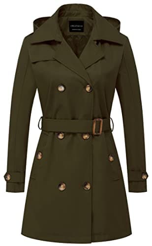 CREATMO Women's Classic Double-Breasted Trench Coat with Detachable Hood — Army Green