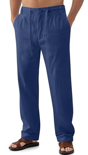 Janmid Men's Casual Linen Pants Elastic Waist Drawstring Yoga Beach trousers — Navy Blue