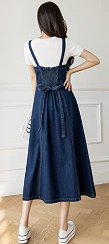 CHARTOU Elegant Denim Smocked A-Line Long Skirt with Back Straps