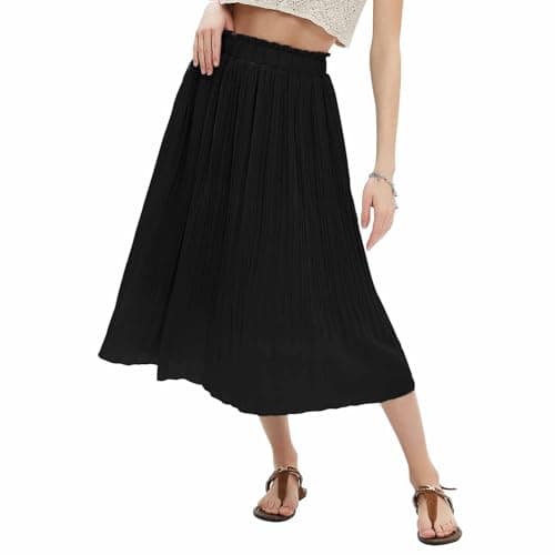 EXLURA Women's High Waist Pleated Polka Dot Maxi Midi Skirt with Pockets — Solid Black