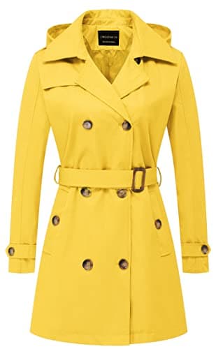CREATMO Women's Classic Double-Breasted Trench Coat with Detachable Hood — Yellow