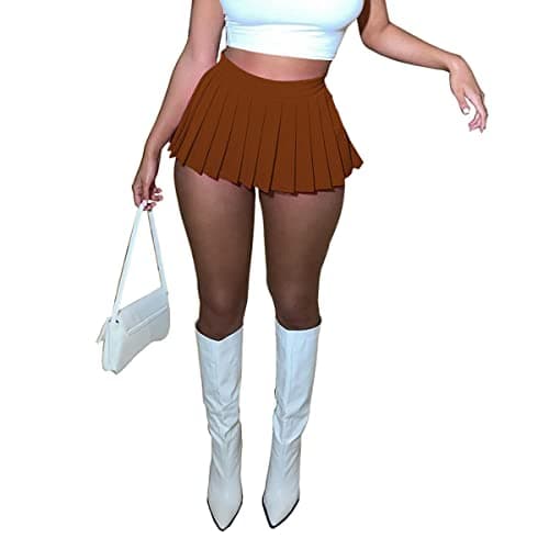 HAOYUAN Women's Mini Pleated Stretchy Skater Skirt — Coffee