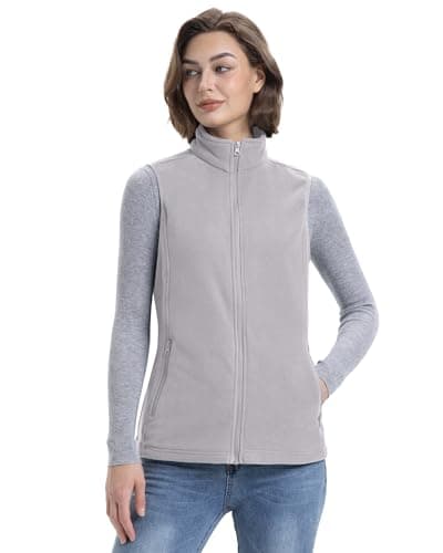 Women's Lightweight Warm Polar Fleece Vest with Zip Pockets for Winter — Light Grey