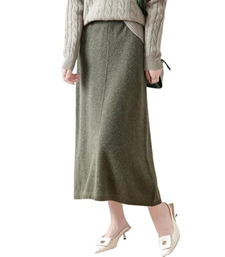 Ailaile Women's 100% Merino Wool Ribbed Knit Mid-Length Skirt for Fall & Winter