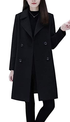 Chou yatou Women's Mid-Long Double Breasted Wool Blend Pea Coat — Black