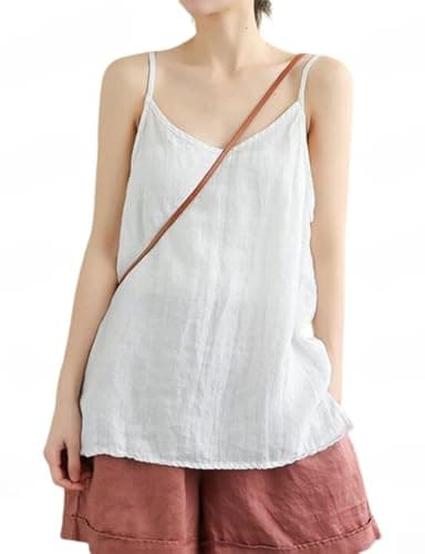 Linen Tank Tops for Women: Casual V Neck Summer Camisole — White