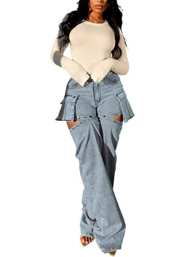 High Waist Stretchy Baggy Jeans with Removable Denim Shorts for Women