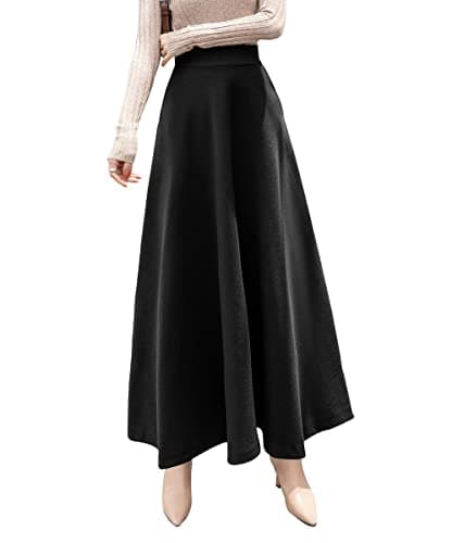 Artykey Women's High Waist Warm Plaid Wool Maxi Skirt S-3XL — C Black